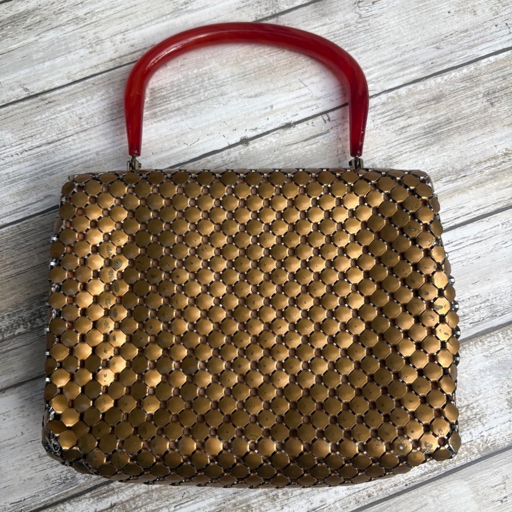 VTG Whiting & Davis Handbag Bronze Mesh Lucite Top Handle MCM Glamour Art Deco - Picture 3 of 15